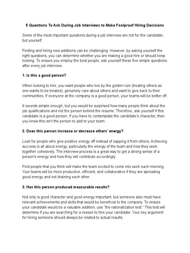 5 Questions To Ask During Job Interviews To Make Foolproof Hiring ...