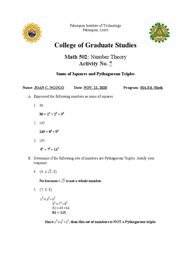 Activity 7-Pythagorean Triples | PDF