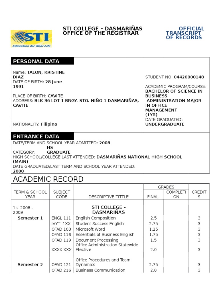 STI College Transcript of Records Sample | PDF | Educational Stages ...