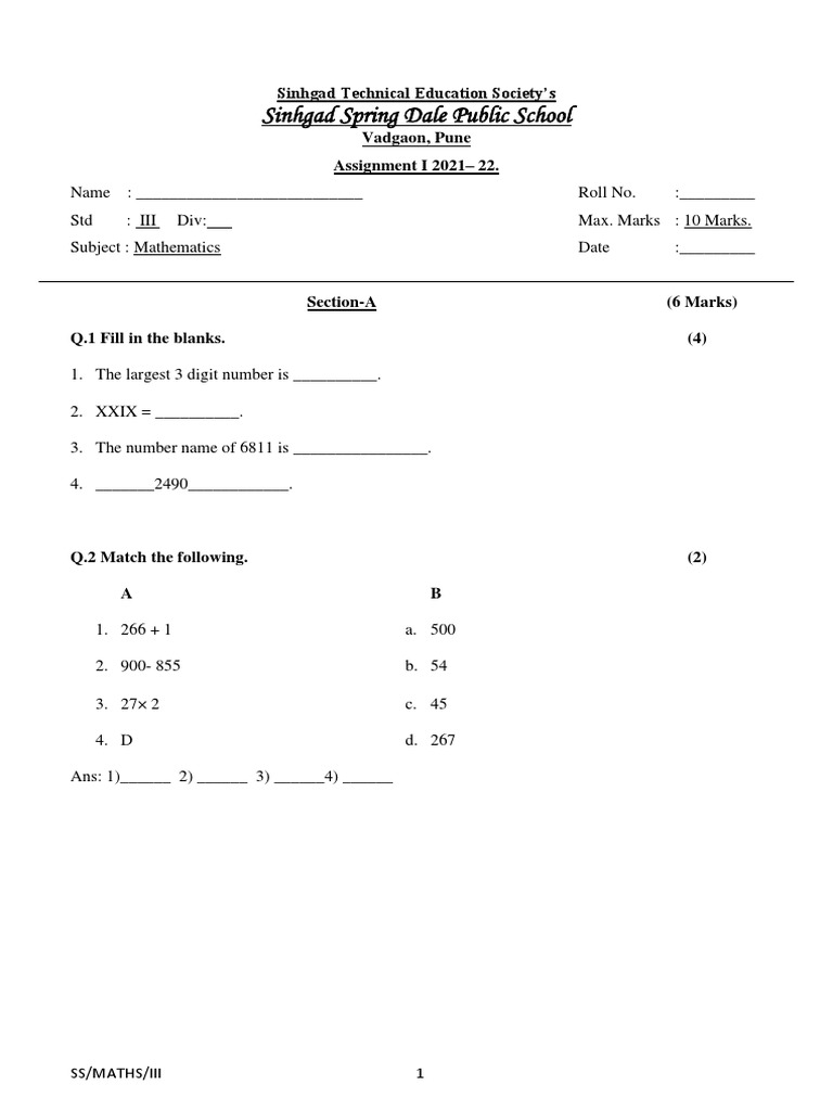 Grade 3 Maths Assignment 2021-22 | PDF | Mathematics