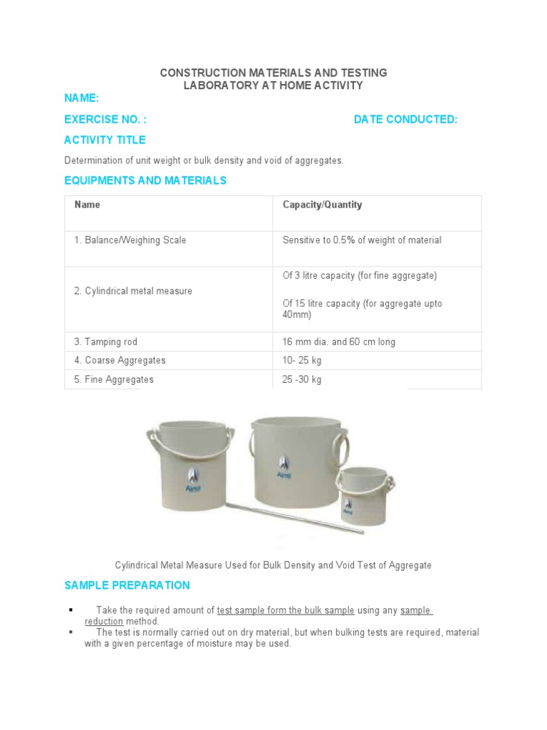 Bulk Density and Void Test of Aggregates | PDF | Density | Volume