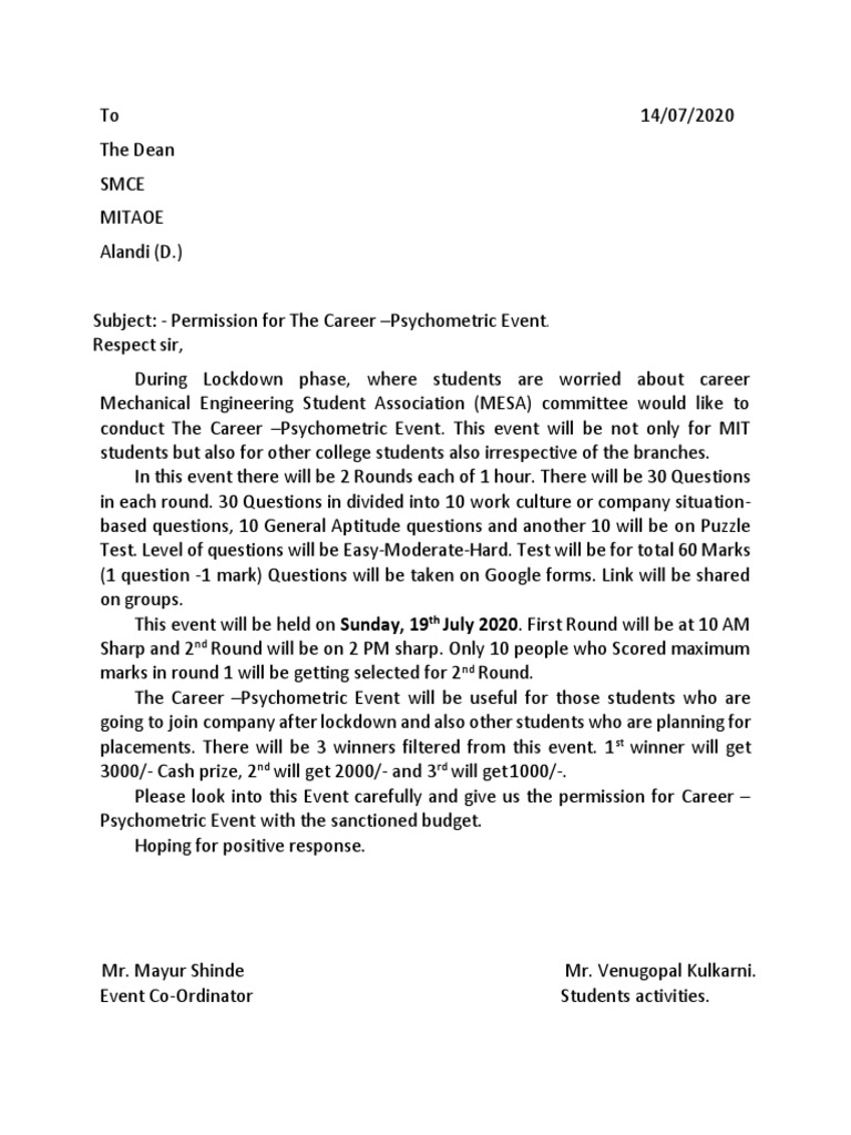 Career Psychometric Event Permission Request | PDF | Career & Growth ...