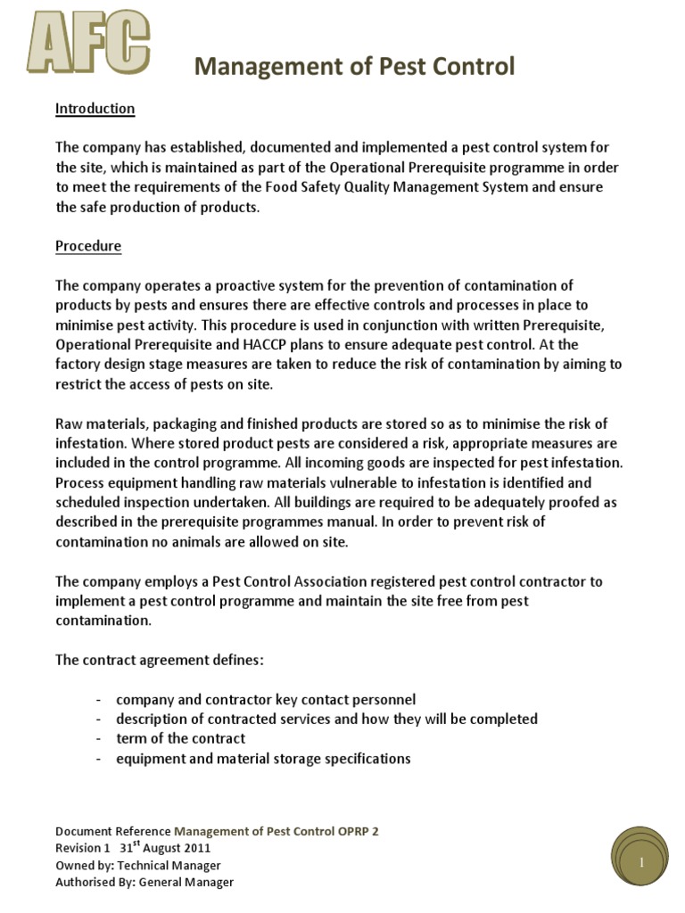 OPRP 2 Management of Pest Control | PDF | Pest Control | Pest (Organism)