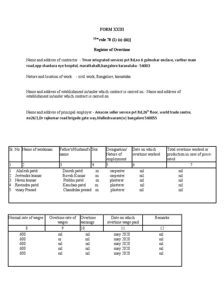 Form Xxiii Rule 78 (1) (A) (Iii) ) Register of Overtime | Download Free ...