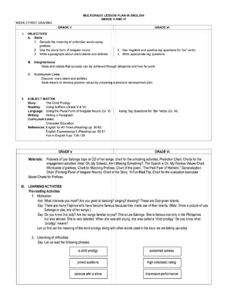 Multigrade Lesson Plan in English Grade V and Vi PDF
