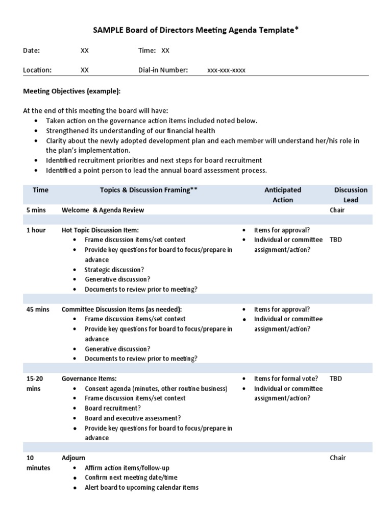 SAMPLE Board of Directors Meeting Agenda Template | PDF | Agenda (Meeting)  | Governance