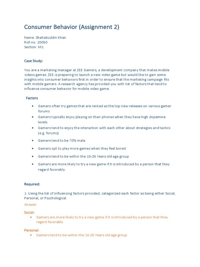 Consumer Behavior (Assignment 2) : Case Study | PDF | Games & Activities