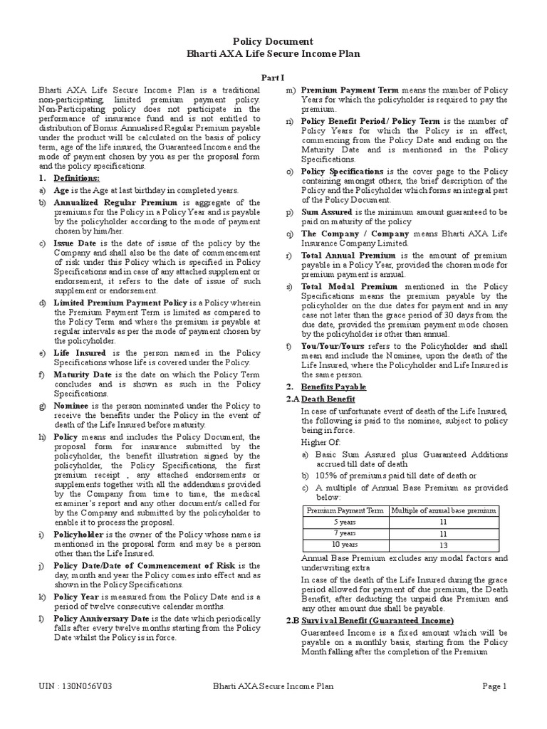 Bharti AXA Policy Bond Secure PDF Insurance Assignment (Law)