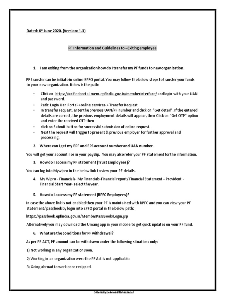 PF Transfer Guide for Exiting Employees | PDF