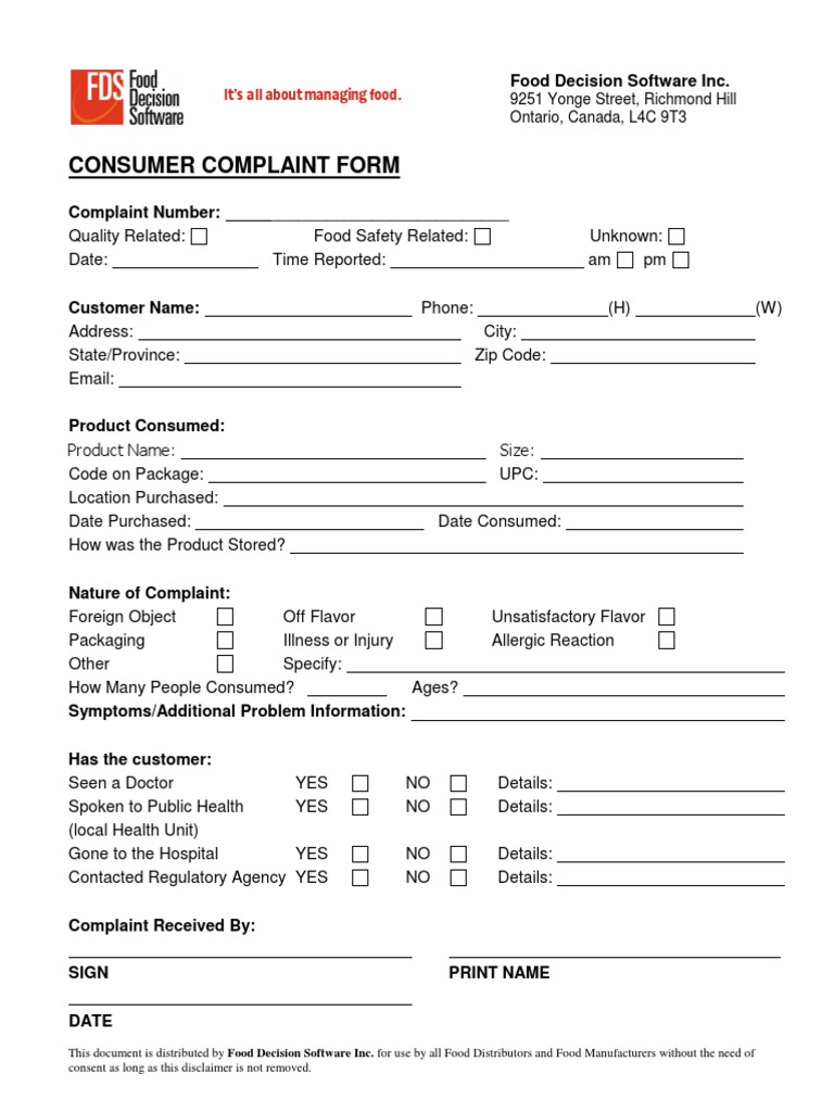 Consumer Complaint Form: It's All About Managing Food | PDF