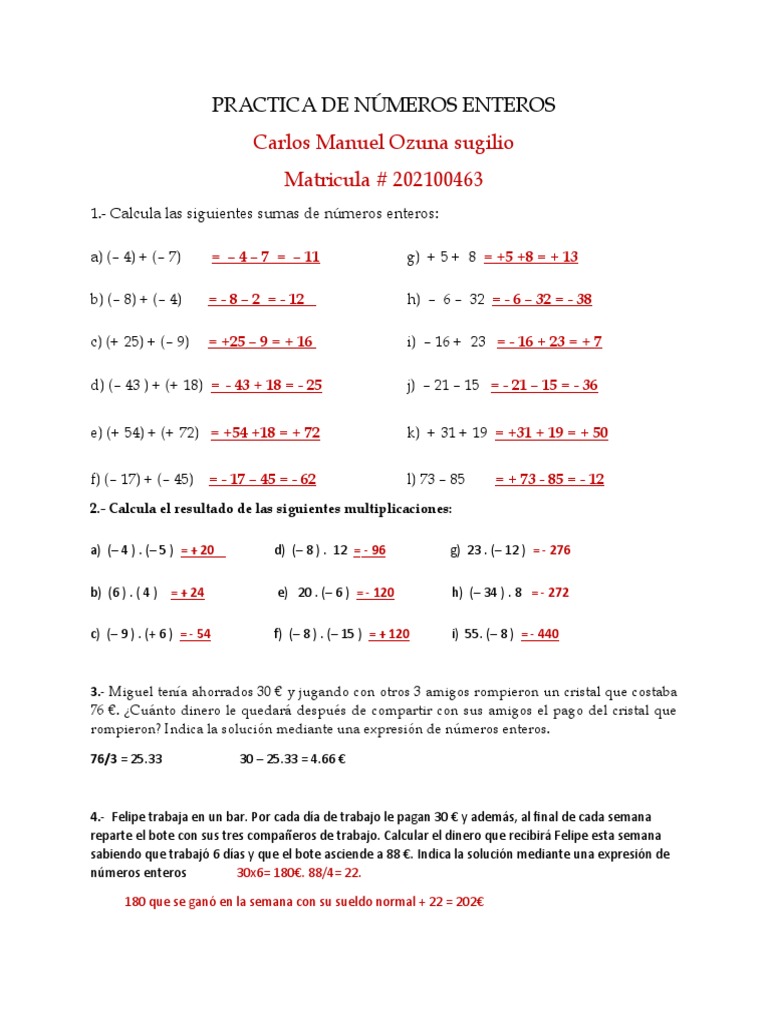 Práctica de Números Enteros y Ejercicios | PDF | Métodos y materiales ...