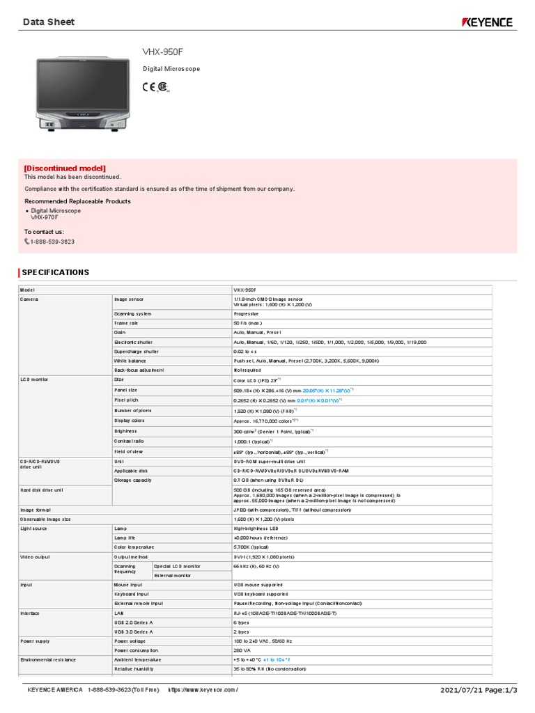 Data Sheet: VHX 950F | PDF | Computer Monitor | Pixel
