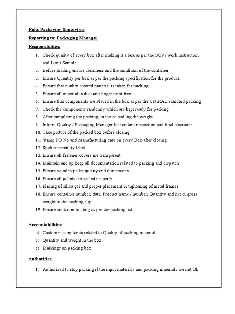 Role Packaging Supervisor Reporting To Packaging Manager