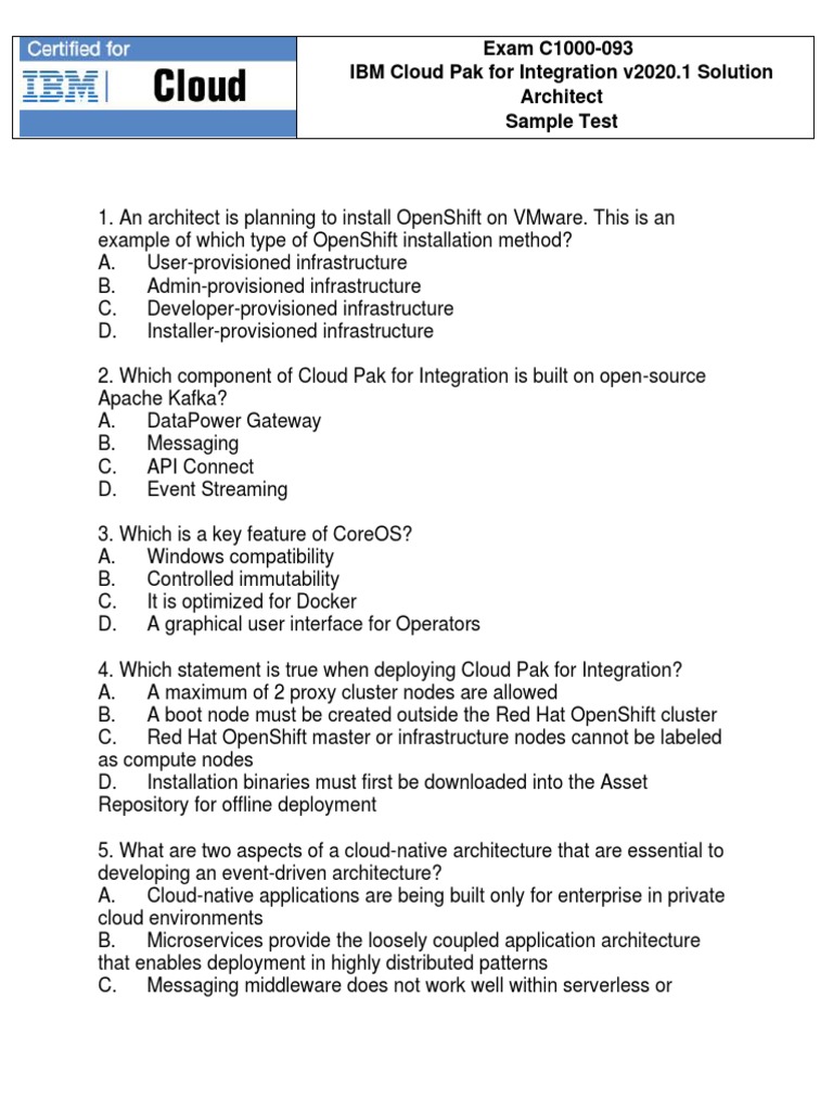 Exam C1000-093 IBM Cloud Pak For Integration v2020.1 Solution Architect ...