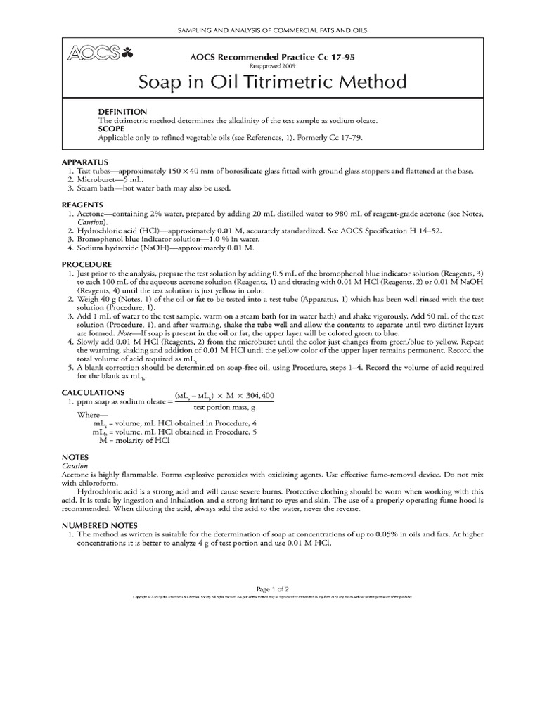 AOAC Cs 17 95 Soap in Oil Titrimetric Method | PDF