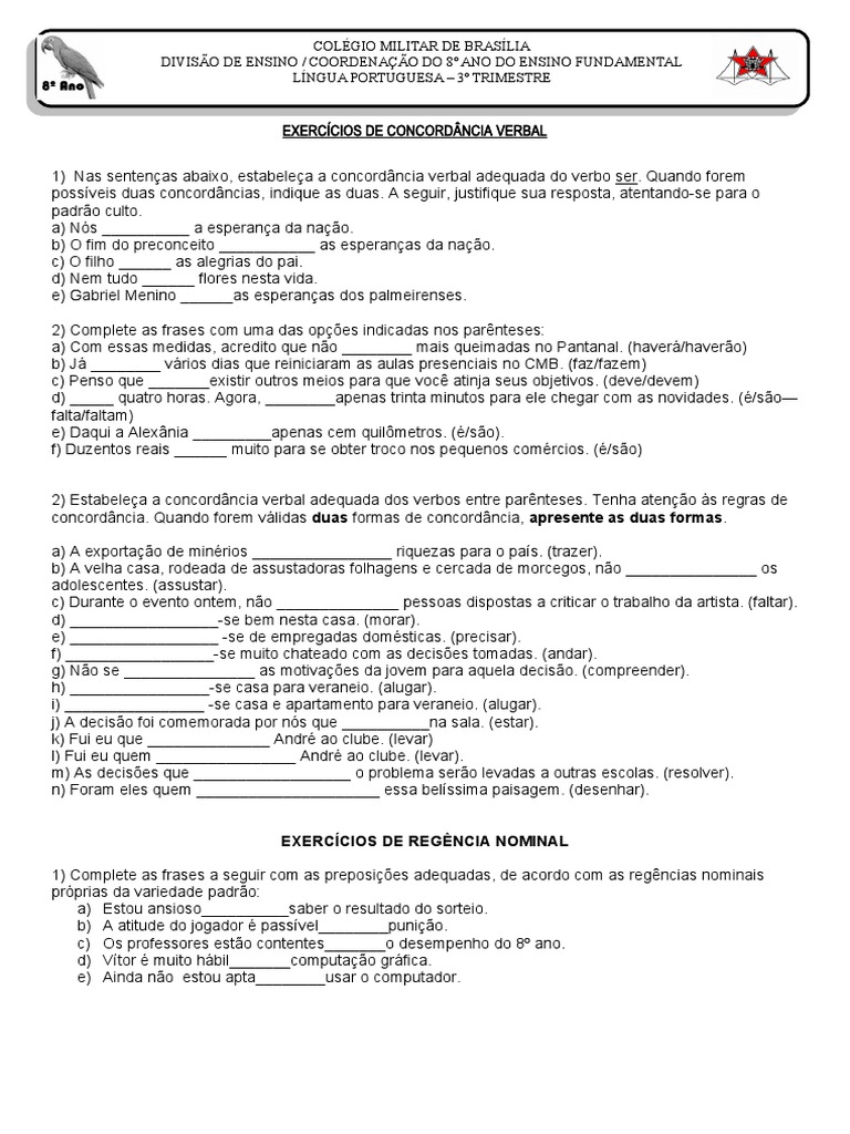 Exercícios de concordância verbal e regência nominal do 8o ano do CMB ...