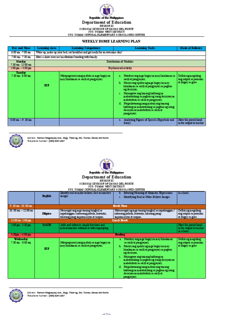 Weekly Home Learning Plan PDF
