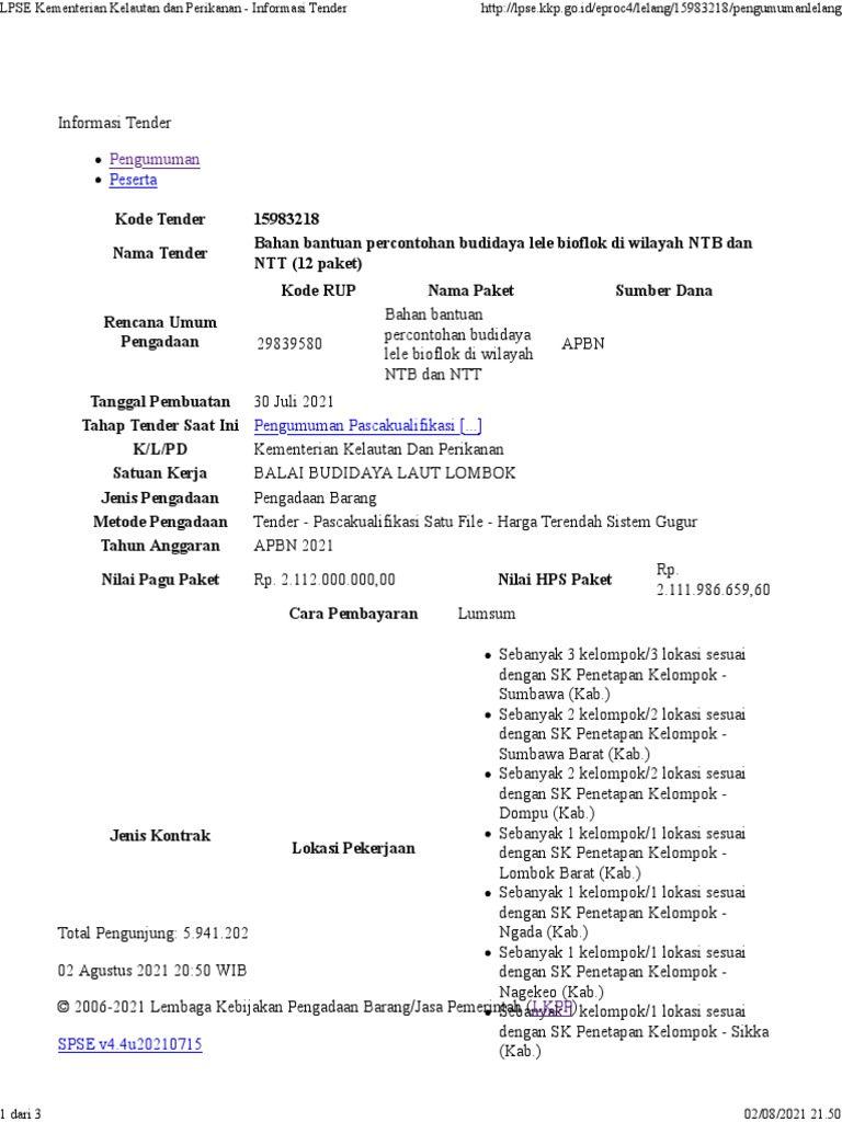 LPSE Kementerian Kelautan Dan Perikanan Informasi Tender PDF