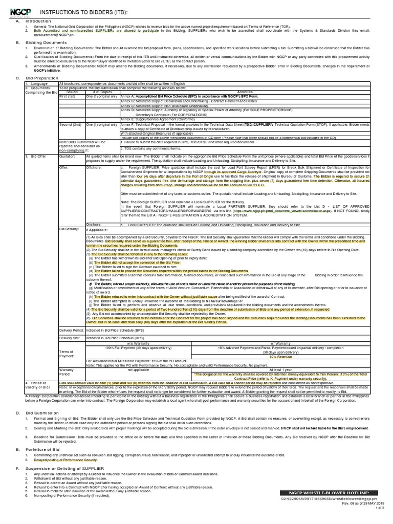 Bid Documents and Pricing Instructions | PDF | Receipt | Cargo