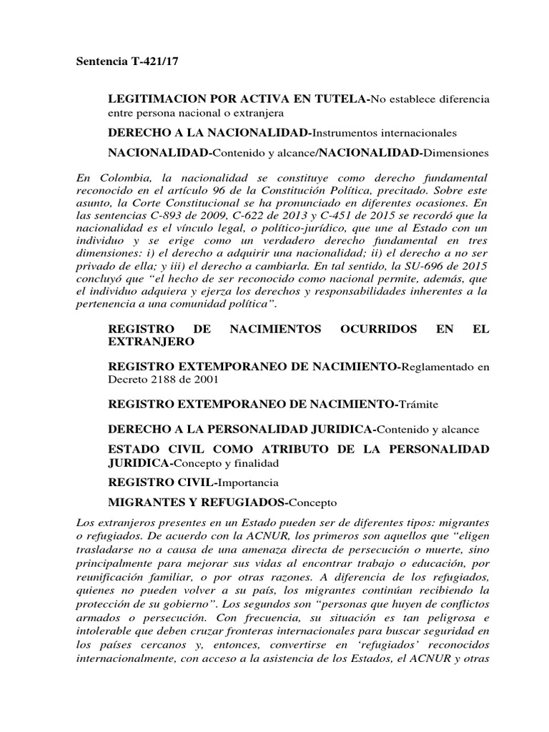 Sentencia T - 421 de 2017-Registro | PDF | Naturalización | Ley