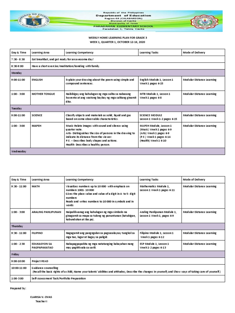 Grade 3 Weekly Home Learning Plan | PDF | Learning | Cognition
