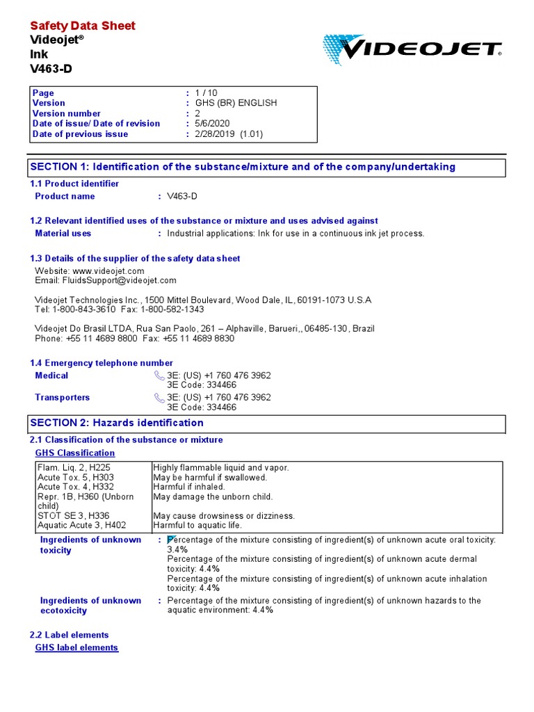 Videojet Ink Safety Data Sheet PDF Toxicity Firefighting