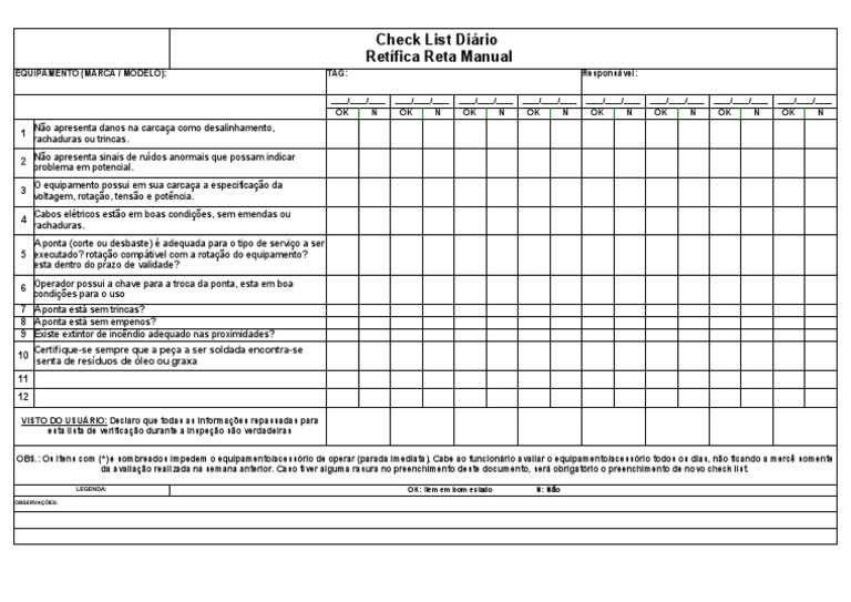 Check List Retífica Manual Diário | PDF