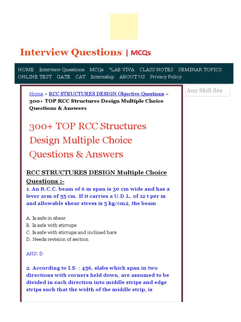 RCC Structures Design MCQs Collection | PDF | Beam (Structure) | Bending
