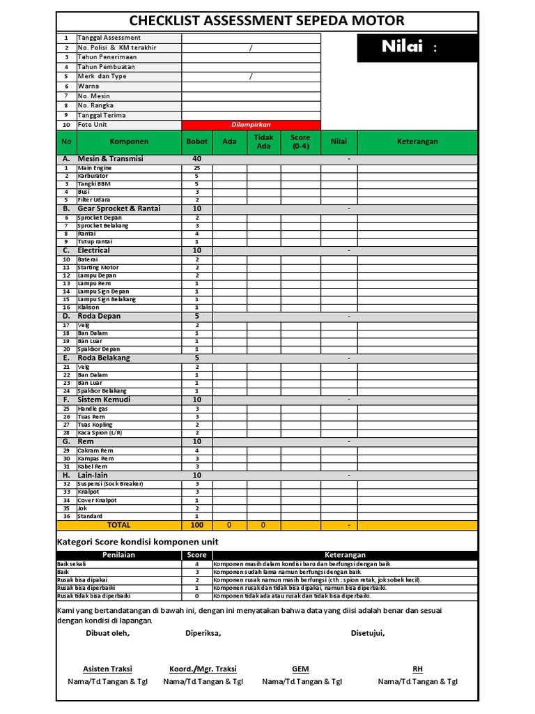 Checklist Inspeksi Sepeda Motor | PDF