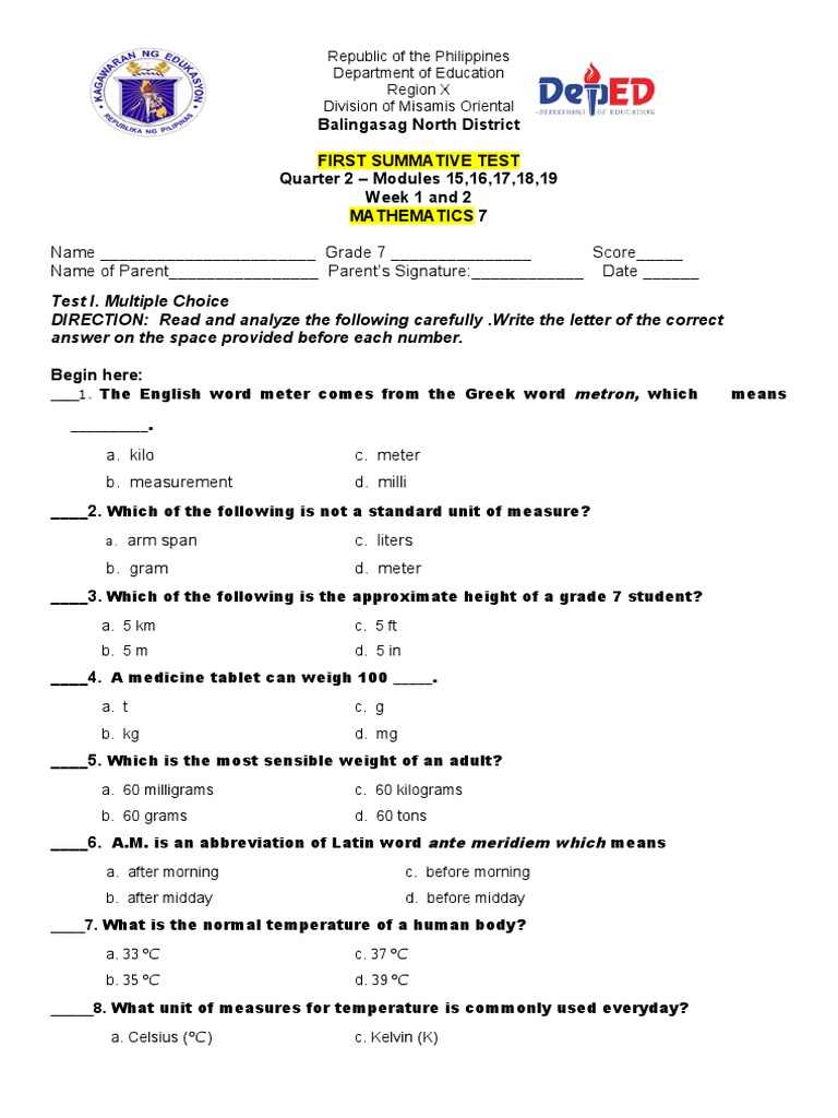 Grade 7 Quarter 2 Summative Test | PDF | Fahrenheit | Celsius