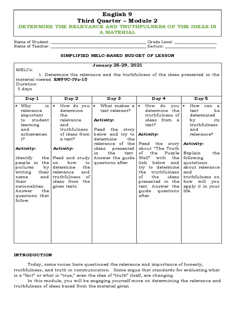 English 9 third quarter module 2 determine the relevance and