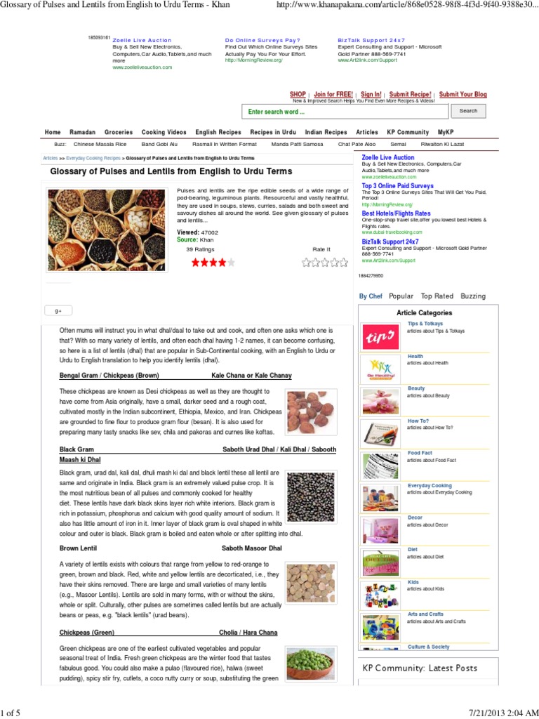 Glossary of Pulses and Lentils From English To Urdu Terms Khan PDF