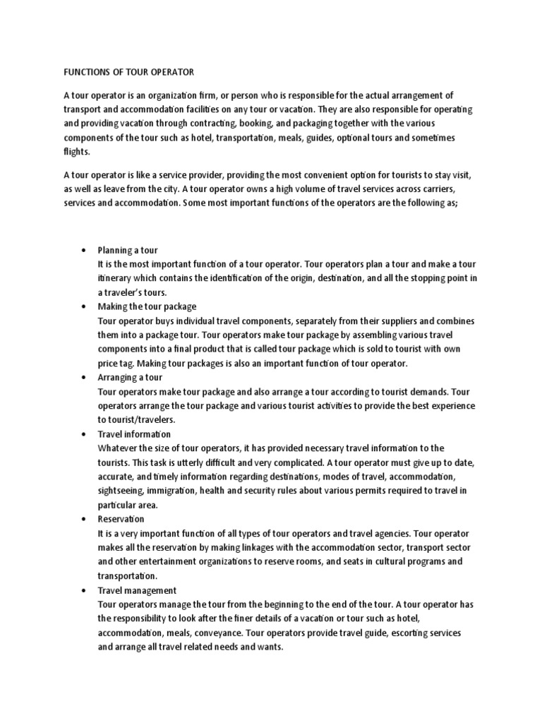 Key Functions of a Tour Operator | PDF | Tourism | Transport