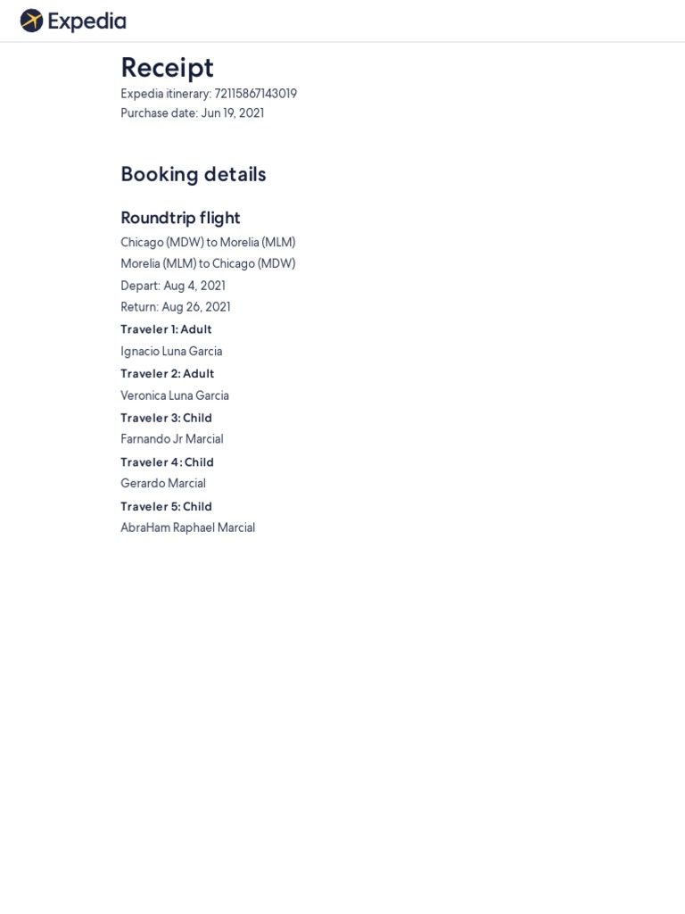 Expedia Flight Itinerary for Family Trip | PDF