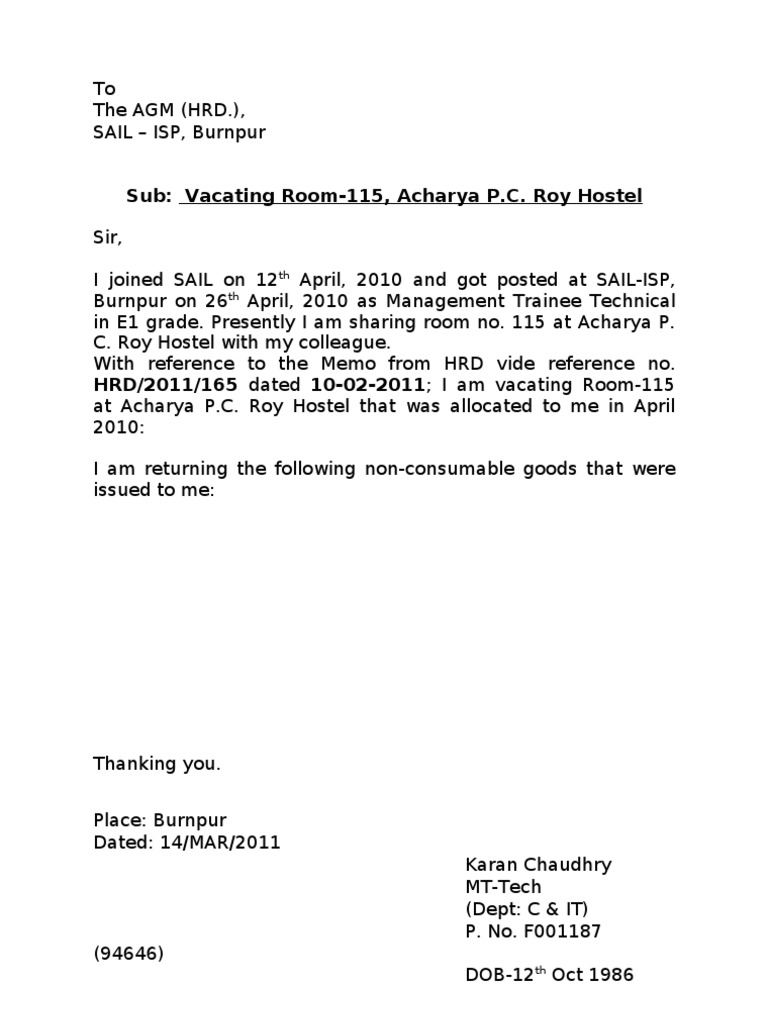 Hostel Room Vacating Letters | PDF