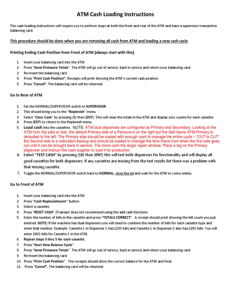NCR ATM Cash Loading Instructions Add Reset No Rear Counts1 PDF Automated Teller Machine