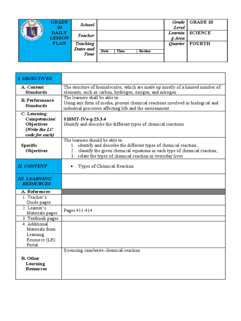 Grade 10 Chemical Reactions Lesson Plan | PDF | Chemical Reactions ...