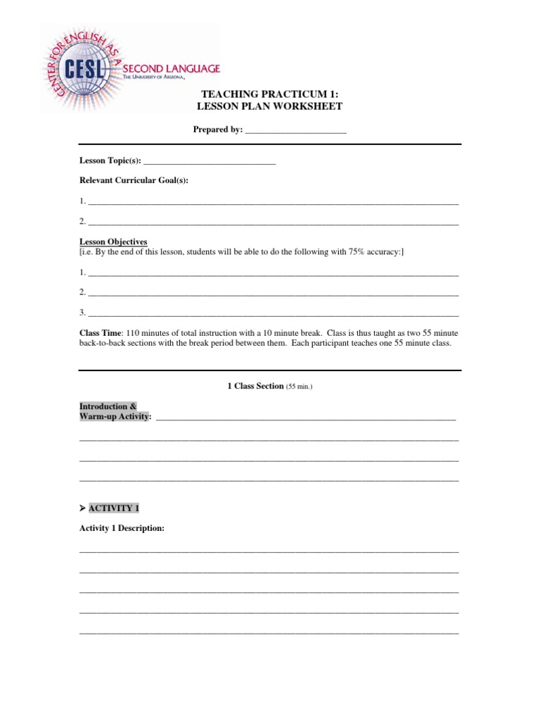 Teaching Practicum 1: Lesson Plan Worksheet | PDF | Lesson Plan | Pedagogy