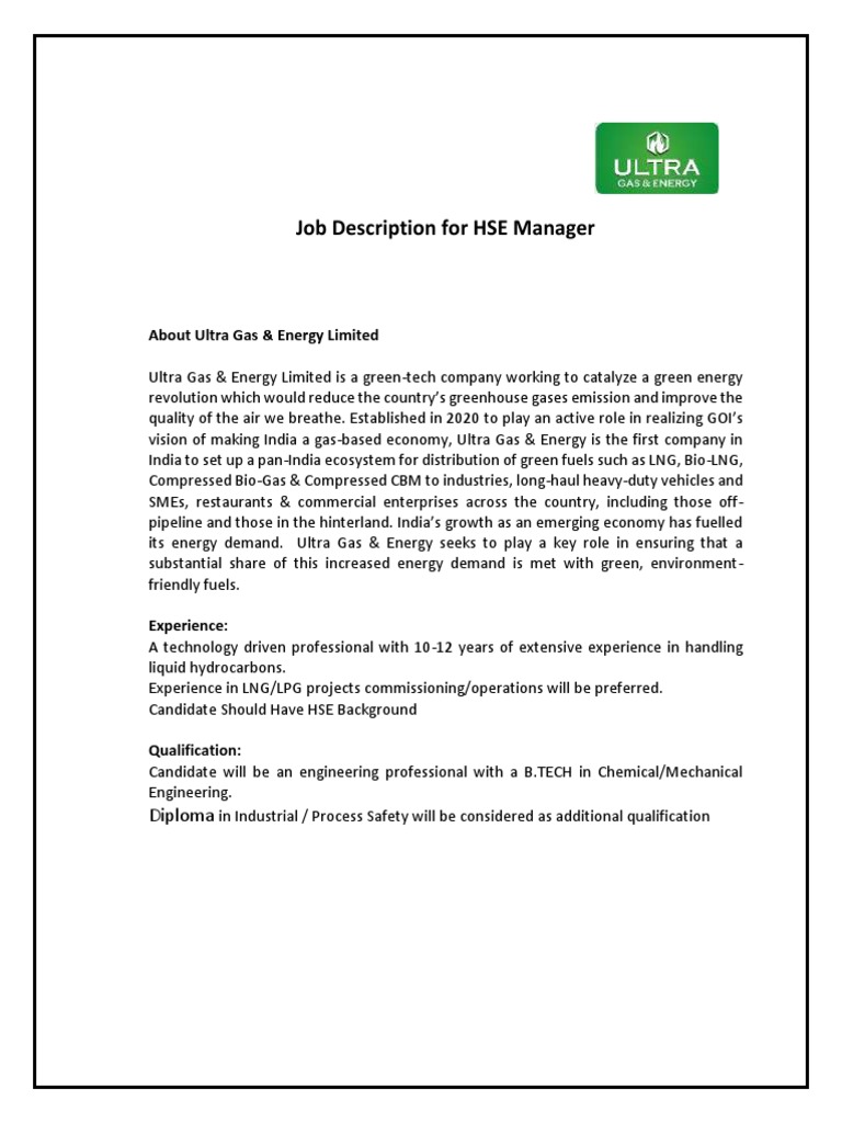 Job Description For HSE Manager PDF Liquefied Natural Gas Fuels