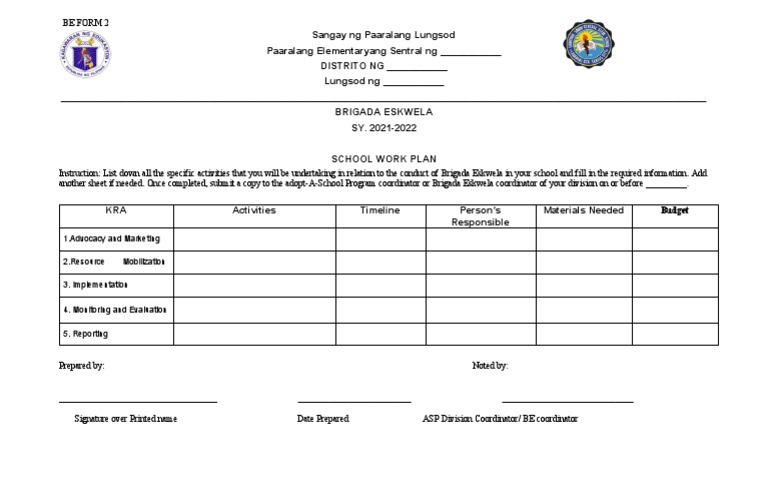 Brigada Eskwela Form 2 School Work Plan | PDF