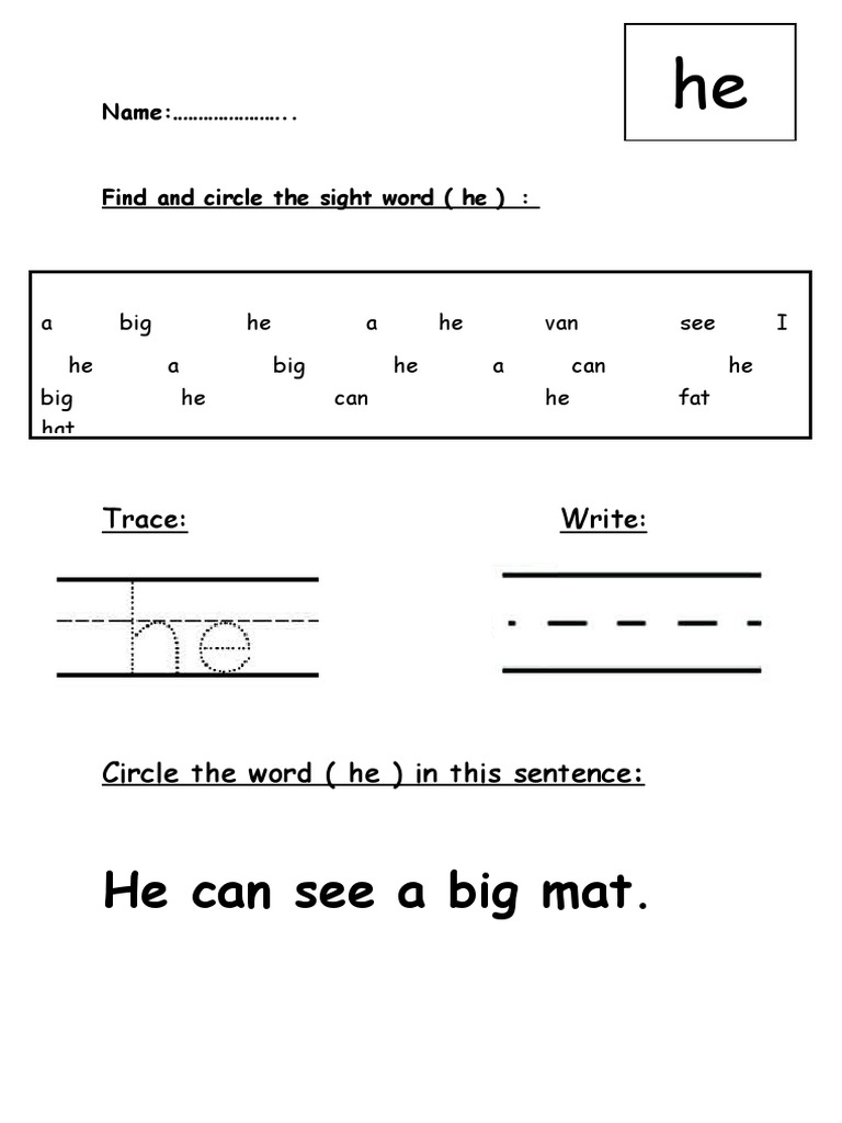 He Sight Word Worksheet | PDF