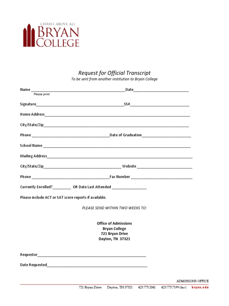 Bryan College Transcript Request Form | PDF