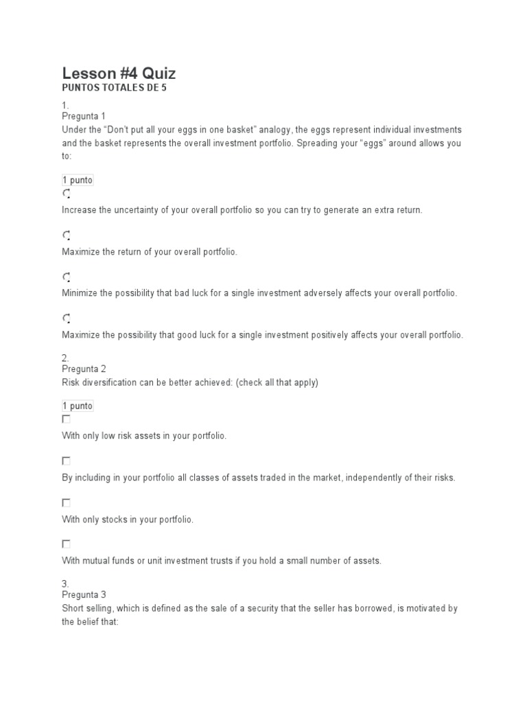Lesson 4 Quiz PDF Diversification (Finance) Investing