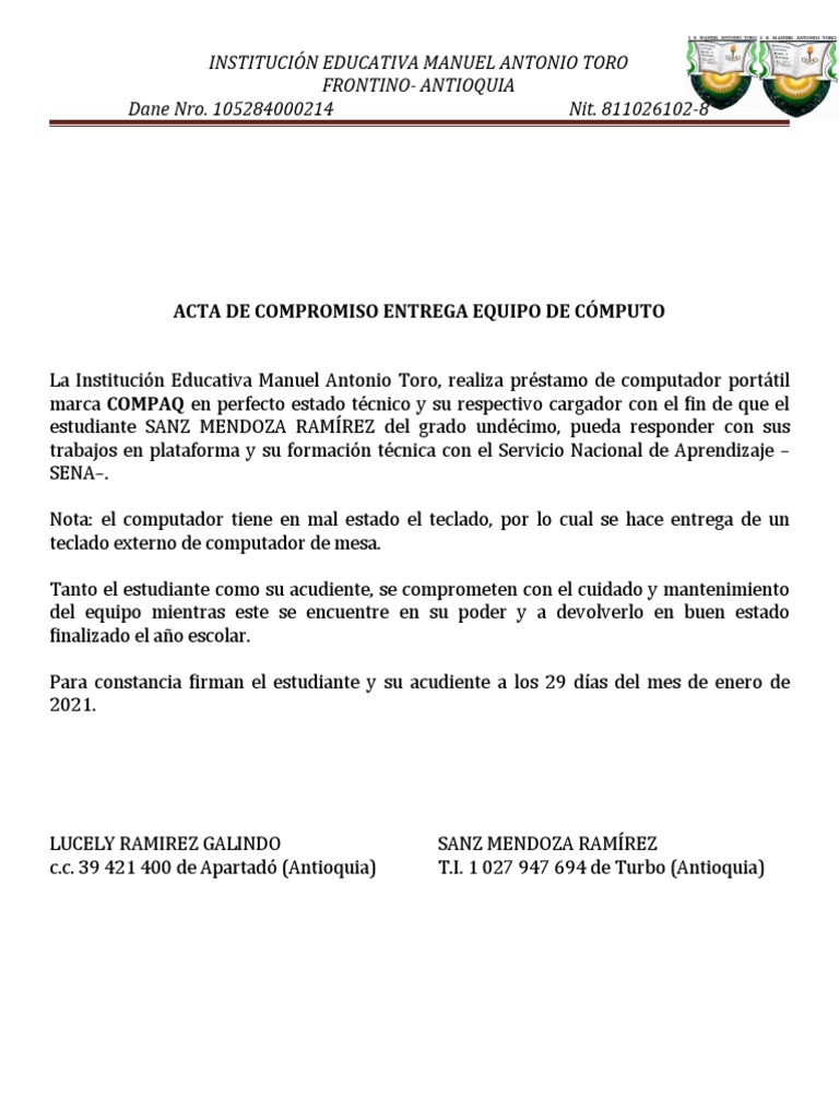 Acta de Compromiso Entrega de Equipo de Cómputo | PDF