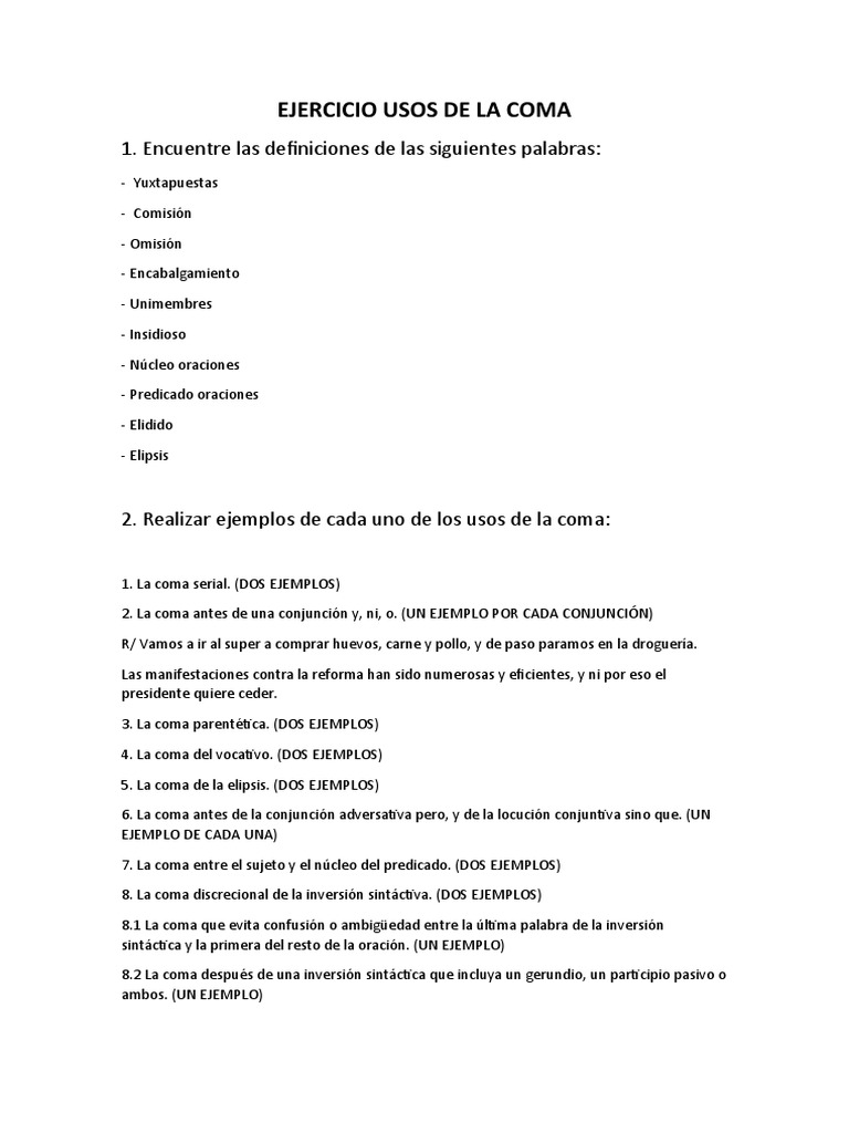 Ejercicio Usos de La Coma | PDF | Artes del Lenguaje y Comunicación
