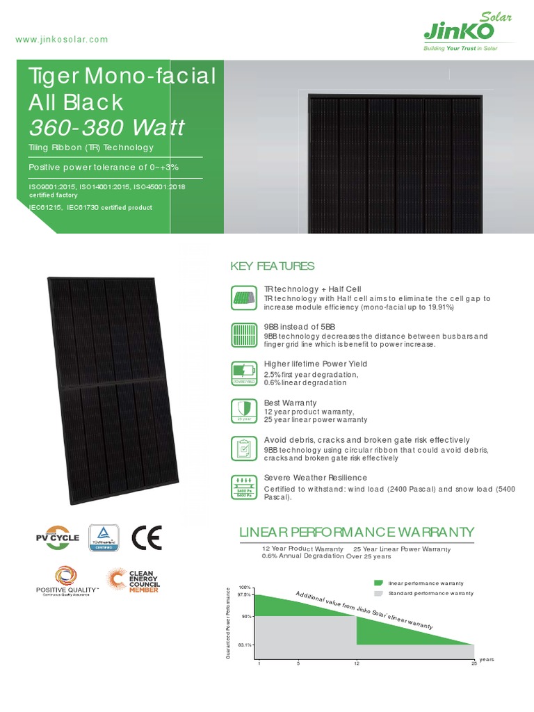 Jinko Solar 360-380W Tiger Mono Modules | PDF | Electricity