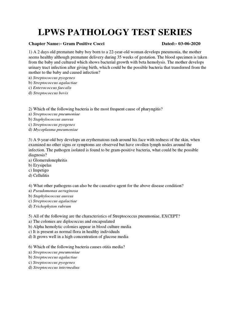 Lpws Pathology Test Series | PDF | Streptococcus | Staphylococcus