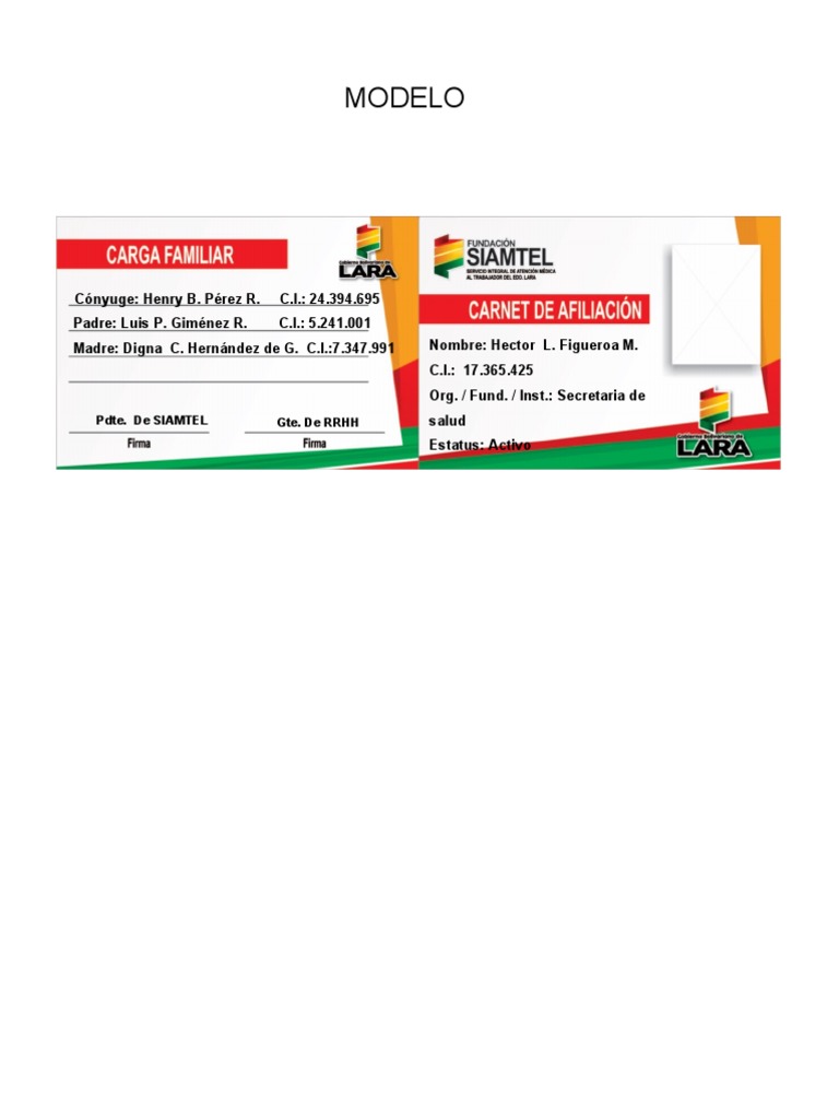 Modelo de Carnet SIAMTEL | PDF | Salud y bienestar