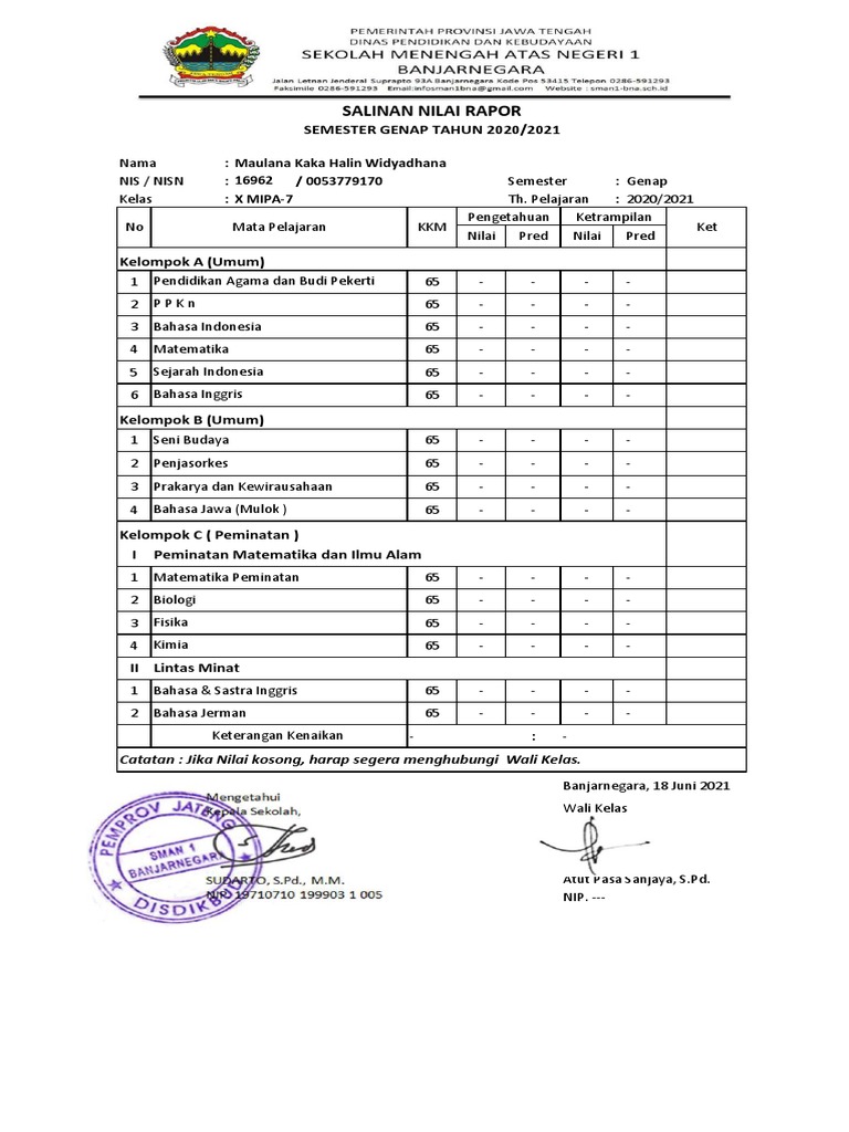 Salinan Nilai Rapor Semester Genap Tahun 2020 2021 Pdf