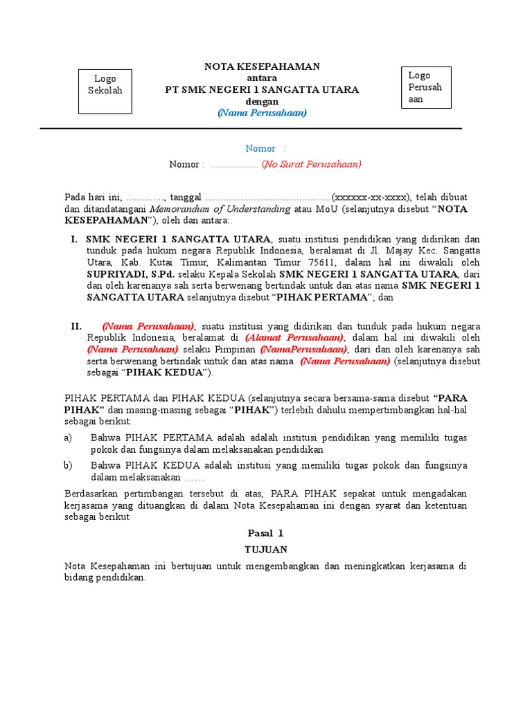 MoU SMK Negeri 1 Sangatta Utara | PDF